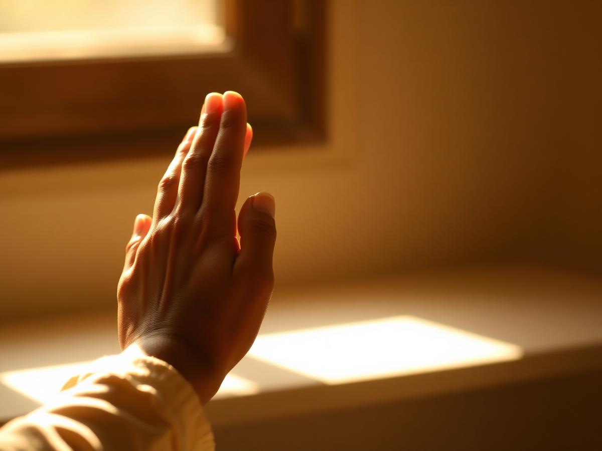 Hands raised in prayer in warm light